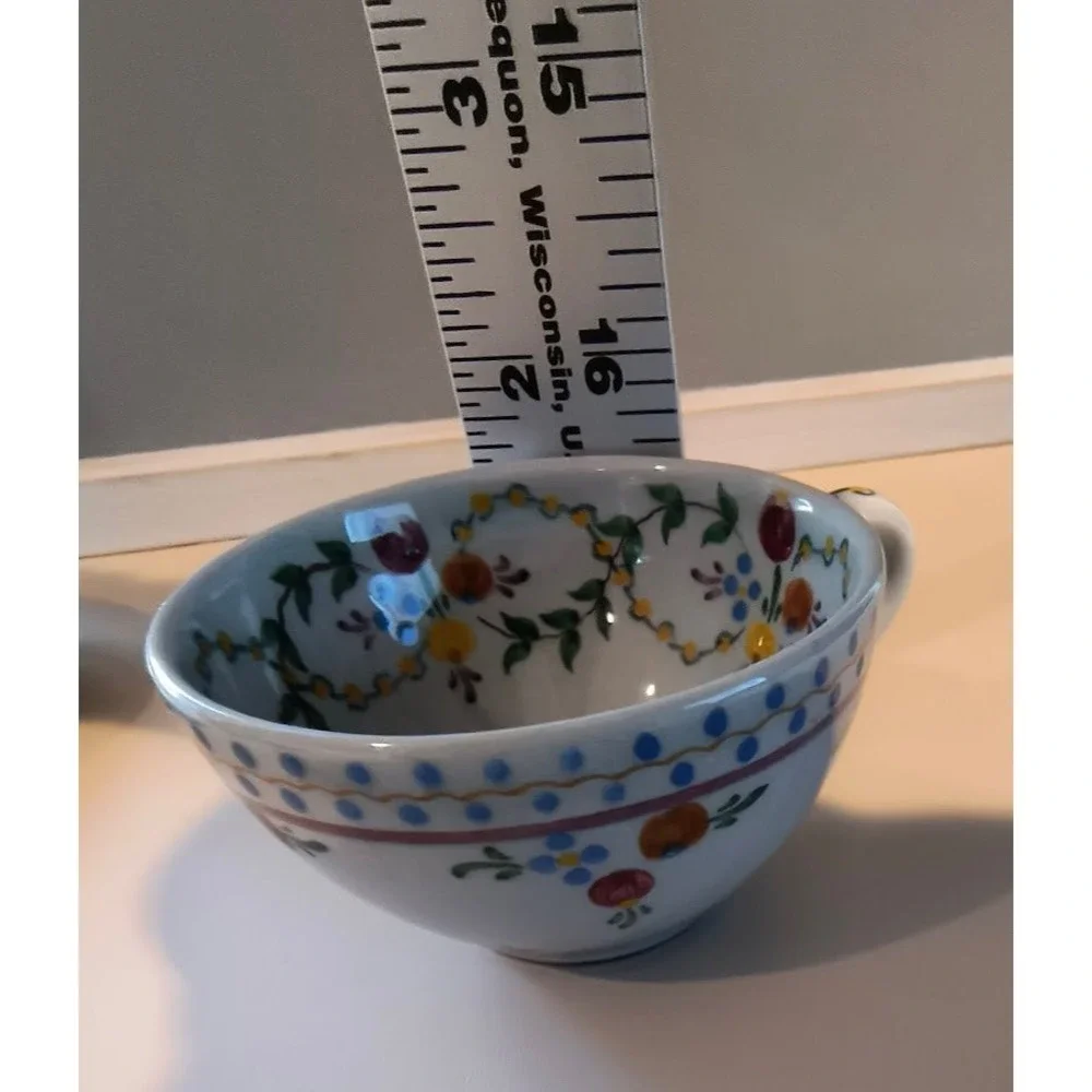 Vintage Hand Painted Portuguese Ceramic Tea‎ Cup and Saucer Floral Blue Yellow